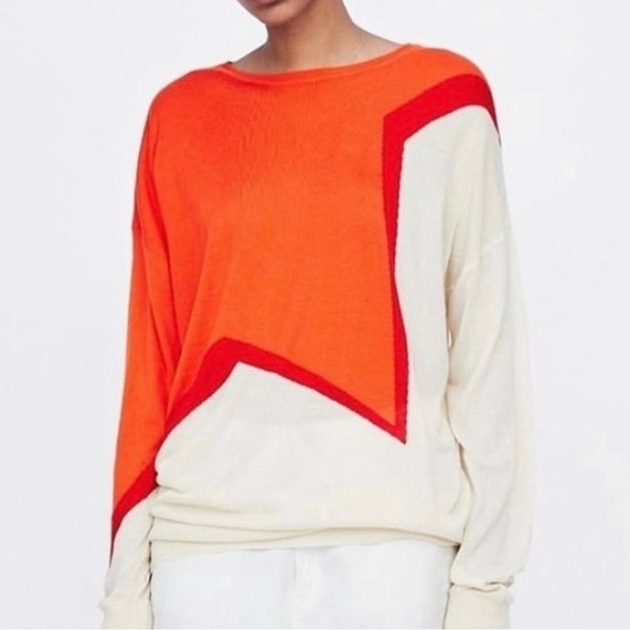 Zara Knit Colorblock Viscose Blend Tunic Sweater Lightweight Orange Ivory Fall S - Picture 1 of 12